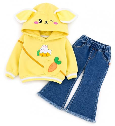 Image of Bold N Elegant Girl's Denim Solid Full Sleeve Bunny Print Sweatshirt Hoodie And Jeans With Frayed Hem