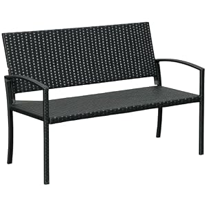 Outsunny Gartenbank Polyrattan 2-Sitzer UV-beständig Sitzbank mit ergonomischen Armlehnen Rückenlehne Gartenmöbel Parkbank bis 240kg belastbar Balkonbank für Garten Terrasse, 122x60x85cm, Schwarz
