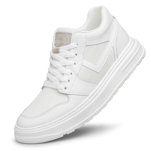 Chaussures ascenseurs invisibles pour homme - Chaussures décontractées en cuir à talon compensé caché - 6,1 cm de haut - Avec semelles augmentées de la hauteur, Maille blanche., 42 1/3 EU