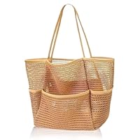 Cadimus Strandtasche Mesh Khaki,Faltbar Strand Handtasche XXL,Beach Tote Bag Damen,Netz Strandtasche mit Mehreren Taschen und Innentaschen mit Reißverschluss,für Strand Camping Shopping Reisen