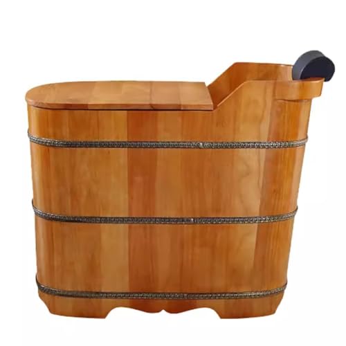 MegLob Free-Standing Wooden Bathtub Kit, Solid Wood Alone Stand Bathtub with Pop-Up Drain, Traditional Japanese SPA Deep Soaking Bath, with Insulated Wooden Lid & Tub Chair,Oak 80cm/31.50