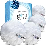 Loofah Soft White Cloud Bath Sponge XL 75g Set by Shower Bouquet: 4 Pack, Extra Large Mesh Pouf for Men and Women - Exfoliate with Big Gentle Cleanse Scrubber in Beauty Bathing Accessories