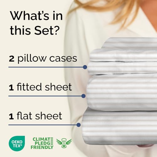 Image of Full 4 Piece Striped Sheet Set - Breathable & Cooling - French Country | 1 Flat, 1 Fitted & 2 Pillowcases w / Deep Pockets, Luxury Striped Bedding, Soft, Breathable & Cooling, Wrinkle & Fade Free