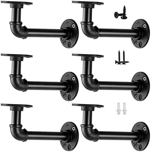 Industrial Pipe Shelf Brackets for 8 10 12 14 inches Board, Iron L Pipe Floating Shelf Bracket Heavy Duty Metal Shelving Brackets for Shelves- 6 Pack Black