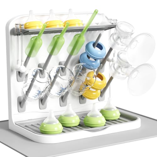 Image of Lifewit 10-Hooks Baby Bottle Drying Rack with Drain Mat for Countertop | Vertical Bottle Storage Organizer, Stand-Up Dryer Holder for Pacifiers, Pump Parts, Baby Stuff, Newborn Essentials Must Haves