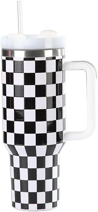 40 oz Tumbler with Handle and Straw Lid, Insulated Stainless Steel Travel Mug Water Bottle Ice Coffee Cup For Cold and Hot (Black&White) - Image 2