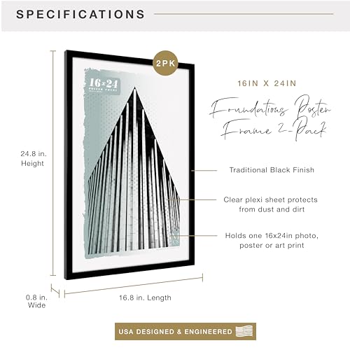 Image of MCS Foundation 16x24 Poster Frame Traditional Black, Vertical & Horizontal Wall Hanging Large Picture Frame for Photos, Posters & Art Prints (2-Pack)