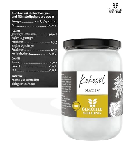 ÖLMÜHLE SOLLING - BIO Kokosöl | 100% natives Bio-Kokosnussöl | Ideal geeignet zum Braten, Backen und Frittieren, als Haut-& Haarpflege sowie für Hunde und Katzen | Inhalt: 500 ml