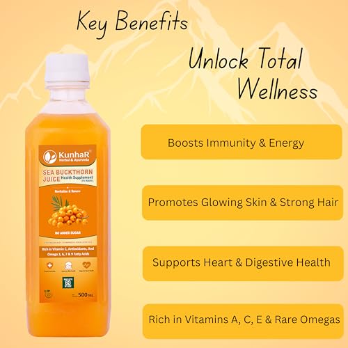 Image of KunhaR Sea Buckthorn Juice (Pack of 2) | Health Supplement for Adults | No Added Sugar | Rich in Vitamin C, Omega 3, 6, 7 & 9 | Improves Skin & Immunity