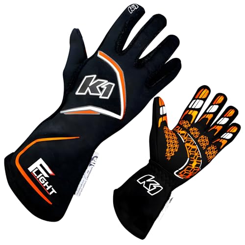 K1 Flight Adult Nomex® Auto Racing Gloves SFI 3.3/5 - Black, Flo Orange - 2XL