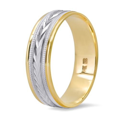 14K Yellow and White Two-Tone Gold V-Pattern Solid Gold 6mm Unisex Wedding Band, SDLA7104-YW