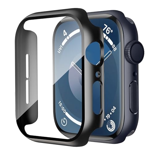 Smiling Case Compatible with Apple Watch SE 3 (2025)/ SE 2/ SE/Series 6/5/4 44mm with Built in Tempered Glass Screen Protector, Overall Protective Hard PC Case Ultra-Thin Cover- Black