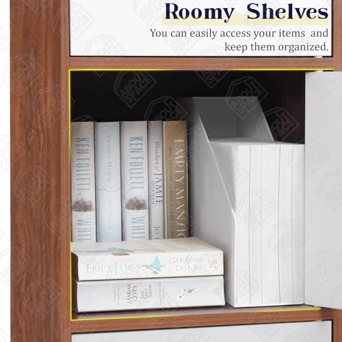 Image of ABOUT SPACE Wooden Cabinet - 4 Tier Storage Cabinet for Living Room with Magnetic Door, Space Saving Book Self for Home, Engineered Wood Kitchen Crockery Unit (Oak Red - L 38 x B 38.5 x H 133 cm)