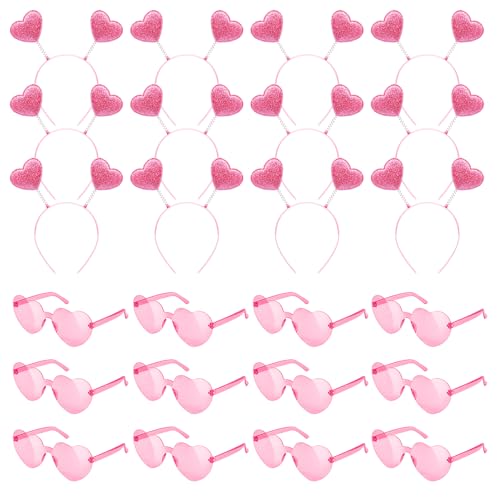 Cmaqpw 24 PCS Valentines Day Heart Headband Sunglasses Pink Glitter Cupid Headband Seqyin Love Heart Boppers for Valentine Wedding Party Cosplay Coustume Accessories