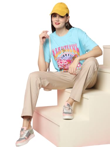 Image of Preneum Women's Cotton Aesthetic & Cool Graphic Printed Baggy Fit Drop-Shoulder Sleeves Cotton Oversized T-Shirt || Printed