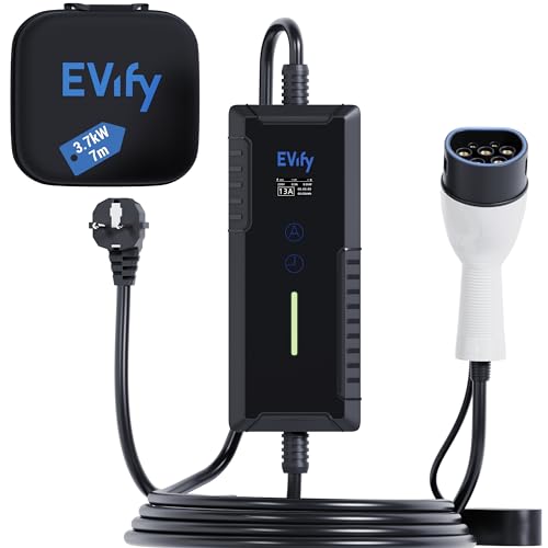 EVify Ladekabel Typ 2 Schuko 3,7kW 7M 16A für Elektroauto & Hybrid inkl. Kabeltasche • Stromstärke/Ladeleistung einstellbar 6|8|10|13|16A, ideal für PV-Anlage