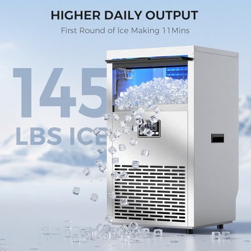 Image of Electactic Commercial Ice Maker Machine,145lbs /24H Stainless Steel Ice Machine,29lbs Storage, Auto Self-Cleaning Freestanding Ice Maker, Ice Machine Freestanding for Bar /Cafe /Restaurant-Silver