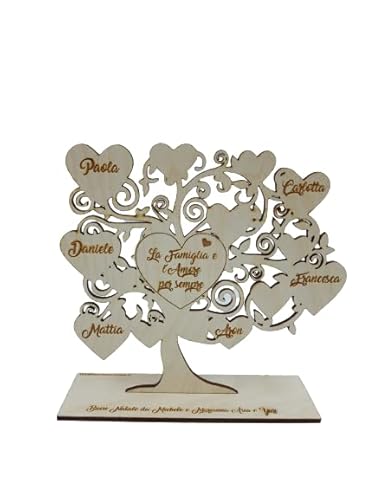 Albero della vita in legno di Pioppo o Betulla personalizzabile con nomi e frase/dedica centrale 21x21cm circa spessore 3mm con base d'appoggio.
