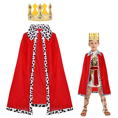 AOOWU Fantasia de rei medieval para crianças e adultos - conjunto de 2 peças com capa e coroa - Unissexo para Halloween, carnaval, Cosplay, festa, atuação e cenário, Vermelho