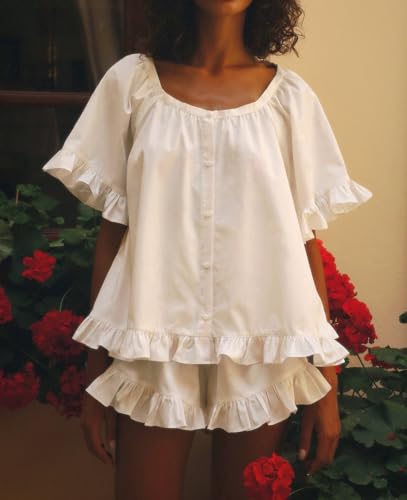 Image of Womens Fashion Summer Short Sets Short Sleeve Button Down Ruffle Trim Top and Shorts Cotton Pajama Sets