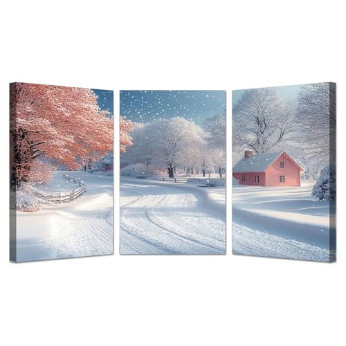 Tableau paysage d'hiver rose pour décoration murale salon moderne et cocooning