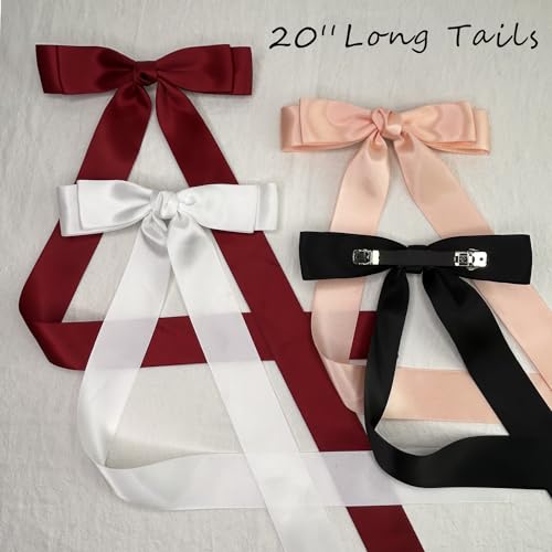4PCS-Silky-Satin-Extra-Long-Hair-Bow-Clips-for-Women-Girls-White-Black-Red-Pink-Long-Bows-for-Hair-Tassel-Hair-Ribbon-Bow-Hair-Clip-with-20-Long-Tails-Handmade-Long-Bow-Hair-Accessories-for-Women
