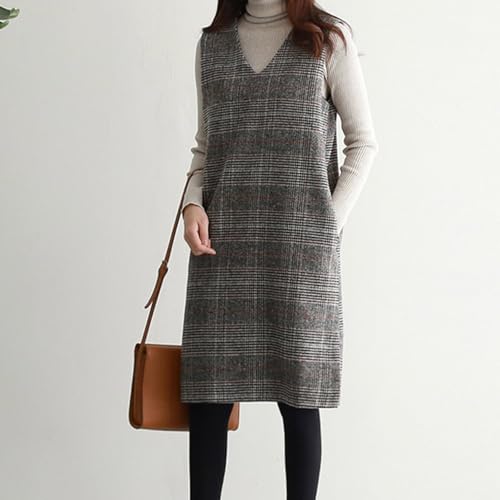 Women's Fall Winter Plaid Wool Overall Dress Casual Business Sleeveless Midi Tank Vest Dress Casual Fashion Dresses4