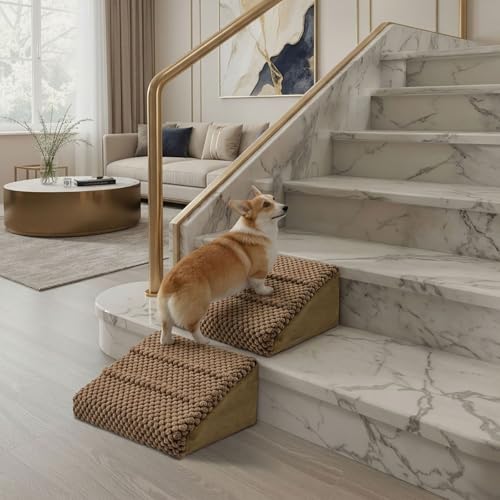 Dog Ramp for Stairs - Dog Steps-Anti-Slip Foam Stair Wedges for Small & Senior Dogs Gentle Slope Pet Steps with Washable Corduroy Cover Self-Sticky Pads for Safe Climbing (Reddish Brown 2-Pack)