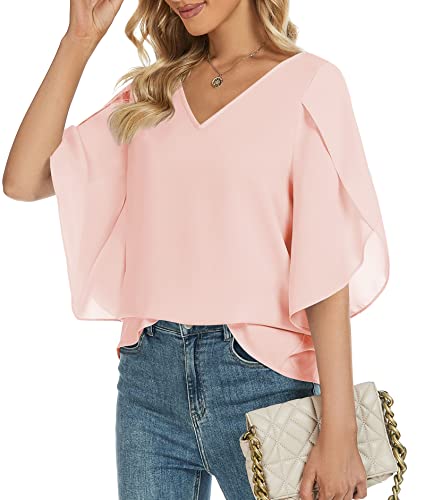 Funlingo Women's 3/4 Ruffled Sleeve Tops Dressy Casual Summer Chiffon Blouses Flowy Loose V Neck Shirts Pink X-Large #TOP6