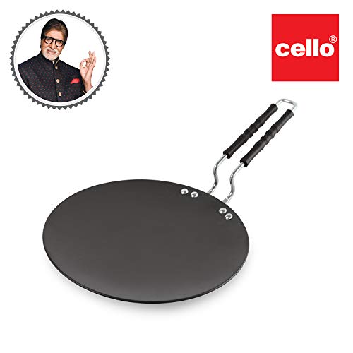 Image of CELLO Hard Anodized Aluminium Tawa for Roti and Dosa 28 CM, 3MM Thickness Black | Even Heat Distribution, Gas & Stove Compatible, Bakelite Handle, Non-Stick Concave Tawa for Chapati Paratha Chilla