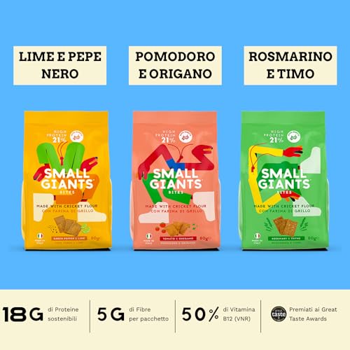 SMALL GIANTS®| Snack Proteici con Farina di Grillo - Mix - Crackers Proteici gusti Pomodoro&Origano, Rosmarino&Timo, Lime&Pepe Nero - Proteine Sostenibili, Senza Zuccheri Aggiunti, Low Carb Chips - Image 4