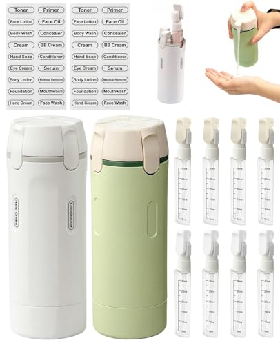 FunnAura 2PCS 4 in 1 Pump Travel Bottle Dispenser Size Toiletries Dispense Bottles for Shampoo Conditioner Lotion Skincare Cosmetic