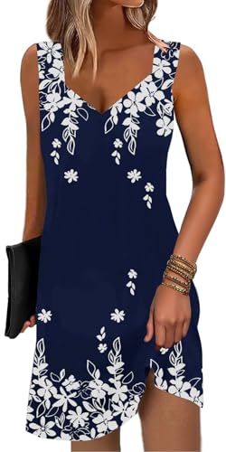 Image of SAUKOLE Summer Dresses for Women Casual Sleeveless Tank Dress Fashion V Neck Flowy Short Sundress