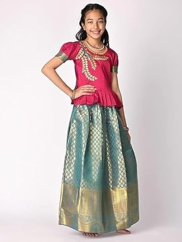 Toddler Girls | Lehenga Choli Set Pattu Pavadai South Indian Style Dress Traditional Zari Border Embroidered Jacquard Weave4