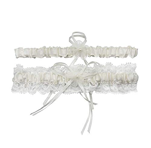 Weyoo Lace Wedding Garters for Bride Pearl Stretch Prom Garter, Women Wedding Bridal Legs Garter Set (White)