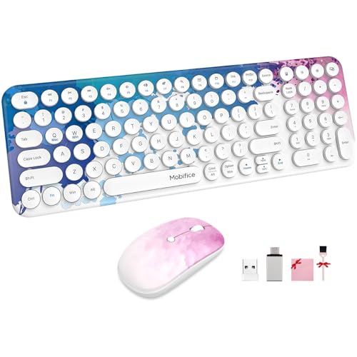 Wireless Keyboard and Mouse Combo 2.4GHz USB Ultra-Thin Cordless Compact-Sized Silent Retro Computer Keyboard Mouse Suit for PC Computer/Laptop/Windows/Mac/Tablets/Apple iPad (Graffiti Blue)