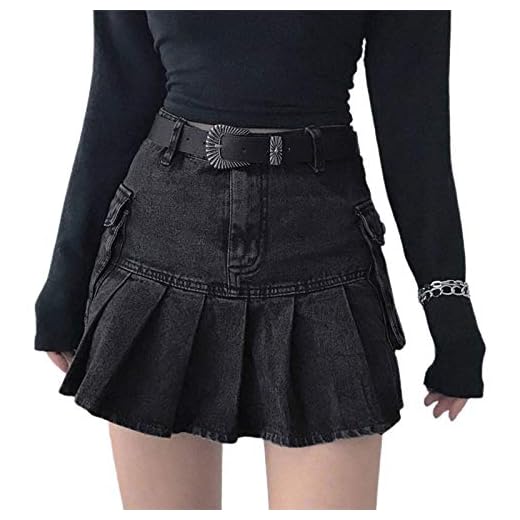 Women Fashion High Waist Pleated Ruffle Denim Skirt School Uniform A-line Mini Skirt with Lining Shorts Girls Casual Black