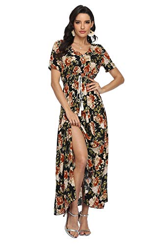 Image of VintageClothing Women's Floral Maxi Dresses Boho Button Up Split Summer Casual Long Dress Beach Party Dress