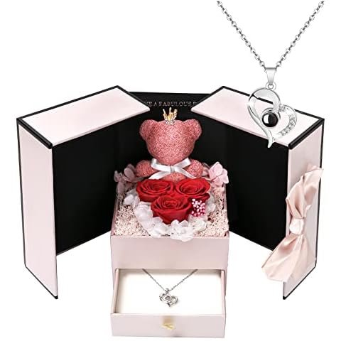 Valentines Day Gifts for Her,Birthday Gifts for Women,3 Pcs Red Preserved Flowers Rose Gifts For Mom Valentines Real Rose Fresh Flower with Necklace for Mom,Grandma,Girlfriend,Wife,Anniversary Cover