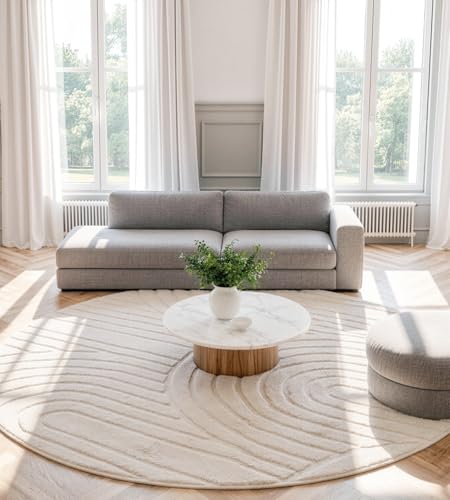 ROHATIM Runder Teppich Beige Ø 80 cm mit Relief-Struktur Kreise Weicher Soft-Flanell rutschfest Waschbar & Faltbar Deko-Akzent für Kinderzimmer & Leseecke
