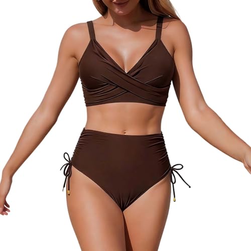 Generisch Bragas de bikini elegantes de color liso de cintura alta a juego – Bañador deportivo de dos piezas para mujer, ideal para el verano., café, M
