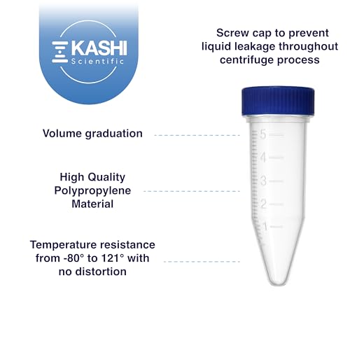 Image of Kashi Scientific 5mL Screw Cap Conical Centrifuge Tubes, Sterile Test Tubes with Blue Lids, Lab-Grade Polypropylene Plastic, Printed Graduation and Write-on Spot [5mL Screw Cap, 100]