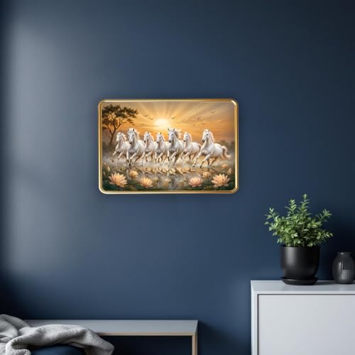 Image of Dharvika Innovations Vastu 7 Seven Running Horse Photo Frame, Golden Slim Frame, Sparkle Coated Lamination, 30x45 cm (Design 7)