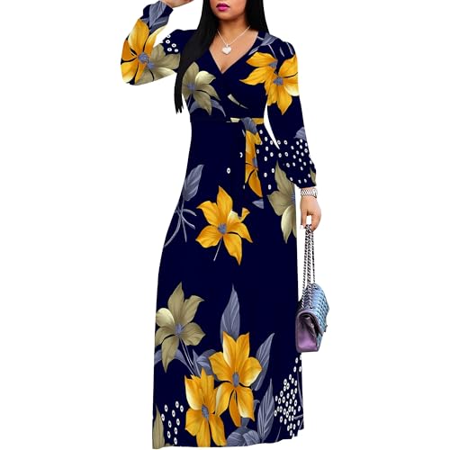 PinkPatty Women's Long Sleeve Maxi Dress Plus Size Casual V Neck Wrap Dress with Pockets&Belt2