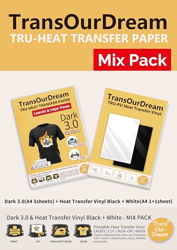TransOurDream Tru-Tshirt - Papel de transferencia de inyección de tinta y impresora láser oscuro 3.0 A4, 5 hojas y 2 hojas de vinilo de transferencia de calor A4 en blanco y negro, fácil de cortar,
