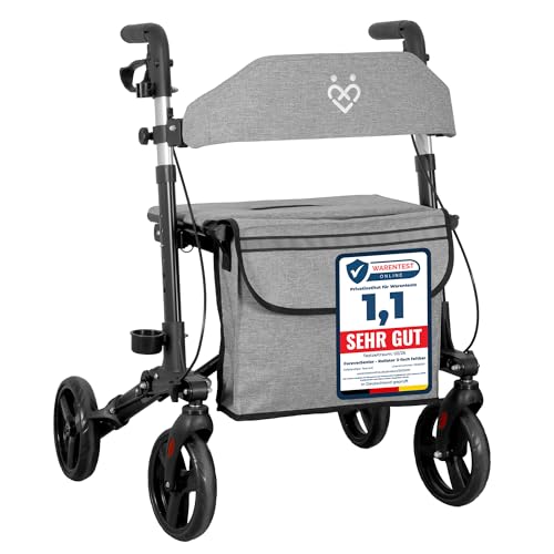 ForeverSenior Rollator - 3-fach faltbar und leicht mit Sitz und All Gelände Reifen, schmaler 7,2kg Reiserollator zum Klappen für Senioren