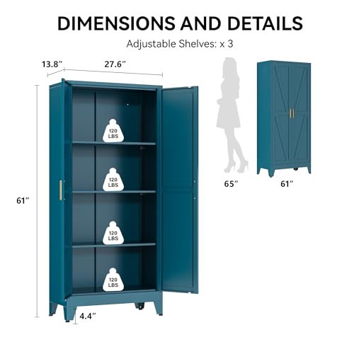 Image of COFaR 61 inch Metal Pantry Cabinet in Peacock Blue, Farmhouse Storage Cabinet with Adjustable Shelves, Sturdy Freestanding Cupboard for Kitchen Organization, Bathroom & Living Room