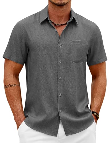 COOFANDY Men's Casual Linen Button Down Shirts Untucked Business Casual Shirt Short Sleeve Summer Shirt Dark Grey
