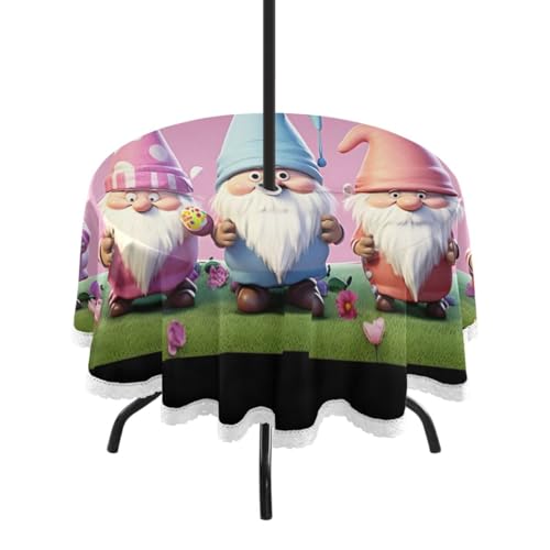Wajiw 60 Inch Indoor Outdoor Round Tablecloth with Umbrella Hole and Zipper Waterproof Patio Table Cover for Camping Dining Room Party Outdoor Picnic,Cute Gnomes