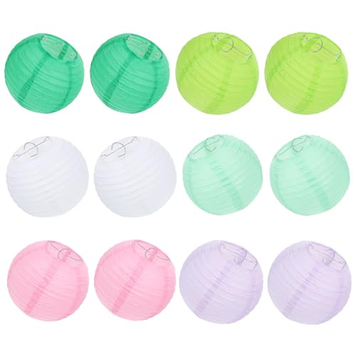KOMBIUDA 12 Piezas Faroles de Papel Plegables Redondos de Estilo Chino para Decoración de Año y Fiestas Colores Surtidos Rosa Verde Hierba Verde Oscuro Blanco